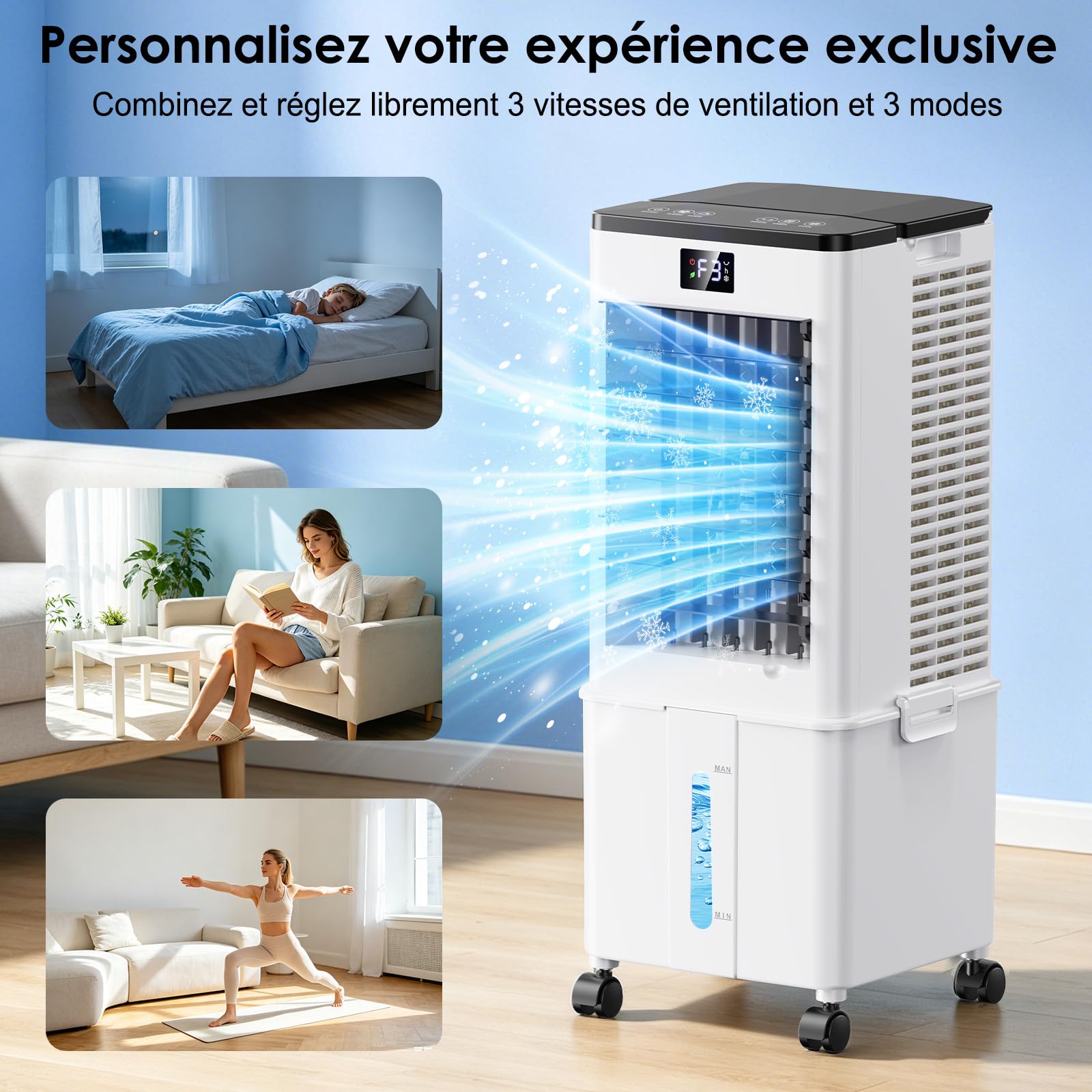 Climatiseur Mobile 10L-Amélioré, Rafraîchisseur d'Air avec Télécommande, Minuterie 1-12h, 3 Vitesses, Oscillation de 60°, Silencieux Climatiseur Portable pour Camping Chambre Cuisine(Noir voilé)