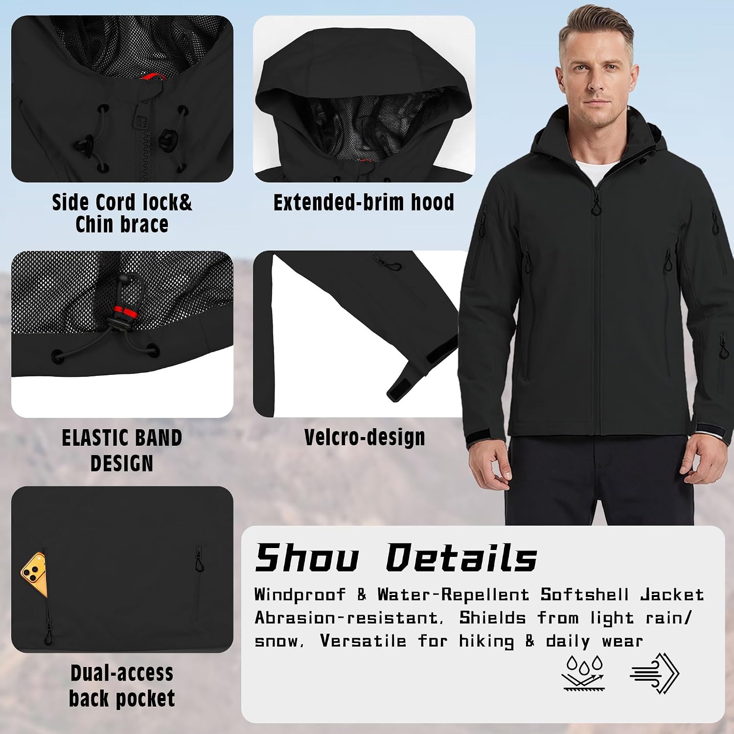 Men's Hooded Softshell Rain Jacket Water-Resistant Windproof Lightweight Coat for Travel Hiking