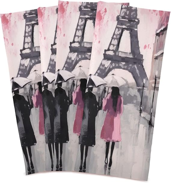 GAIREG People Walking Behind Eiffel Tower Dish Rags and Towels Set, 28x18 Decorative Tea Towels for Baking, Set of 4