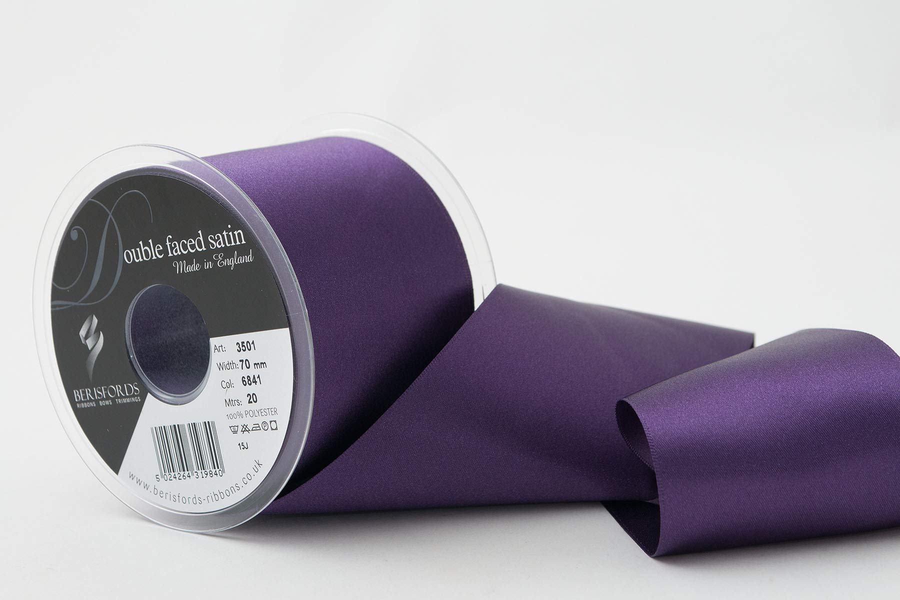 Berisfords Double Faced Satin Ribbon, BlackBerry, 70 mm Width, 20 metre Length — image 1