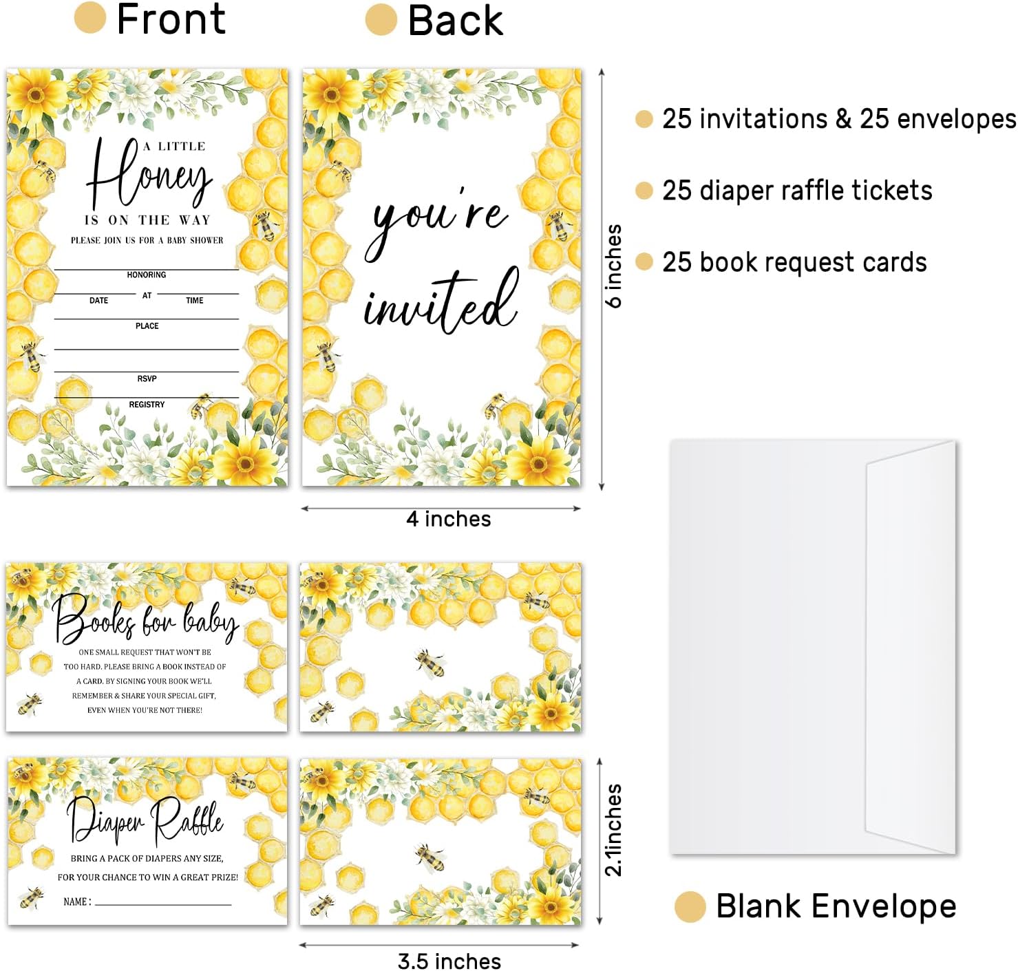 Boy Girl Baby Shower Invitations for Boy Girl, Set of 25 Baby Shower Invites Honey Bee Gender Reveal Invites Cards with Envelopes, Book Request Cards, Diaper Raffle Tickets for Party Supplies /01