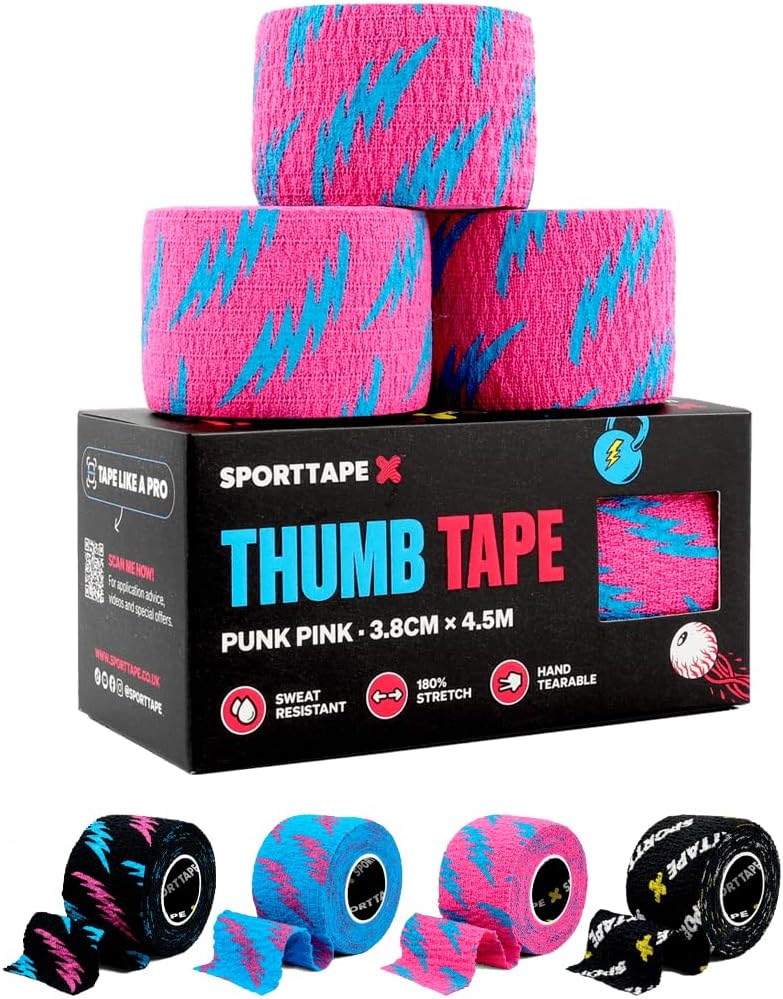 SPORTTAPE 3 Rolls Weightlifting Thumb Tape - Pink | Weightlifting Tape for Hook Grip, Olympic Lifting & Powerlifting with Sweatproof Adhesive | Easy Tear and Increases Bar Grip - 3.8cm x 4.5m