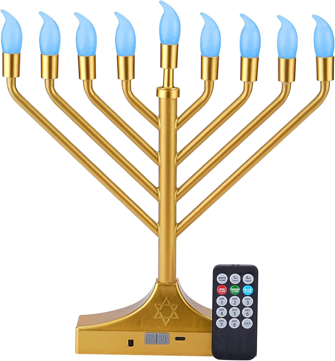 Electric Hanukkah Menorah,RGB Led Menorahs for Chanukah Decoration,Color Changing with Remote Control & Push-Button to Choose The Day and Timer Options Battery/USB Powered,Gold