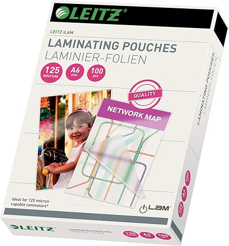 Leitz 33806 Bolsas de laminado hechas de material grueso de 125 micras (transparente, brillante, A6) - Paquete de 100