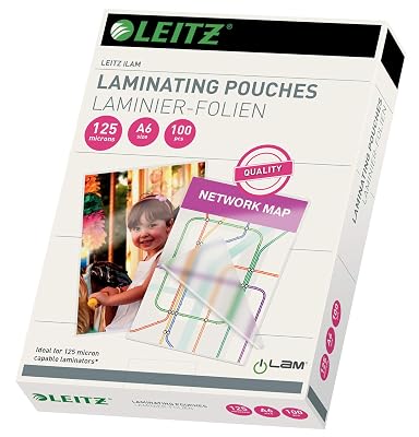 Leitz Film de plastification à chaud, A6, paquet de 100, brillant, transparent, épaisseur de film 125 mic, 33806
