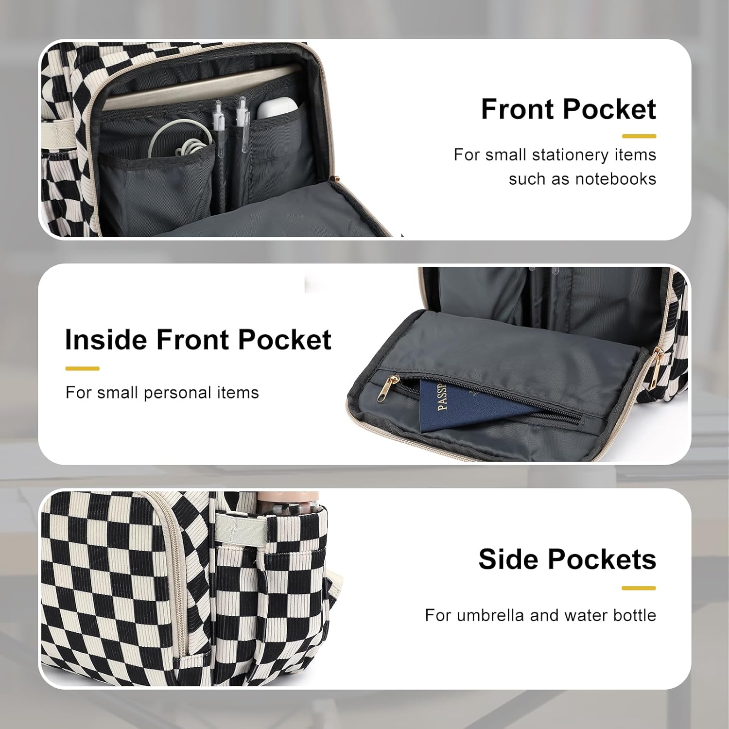 Laptop Backpack for Women, Corduroy College School Backpack Bookbag 15.6 inch Business Computer Travel Backpack (Checkered Black) - Image 3