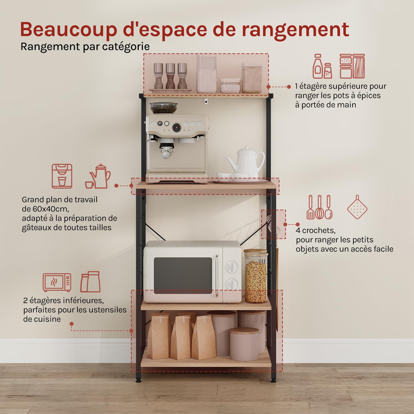 WOLTU Étagère Micro Onde, Meuble Cuisine Rangement, à 4 Niveaux, 4 Crochets, 60x40x123cm Noir + Chêne Clair