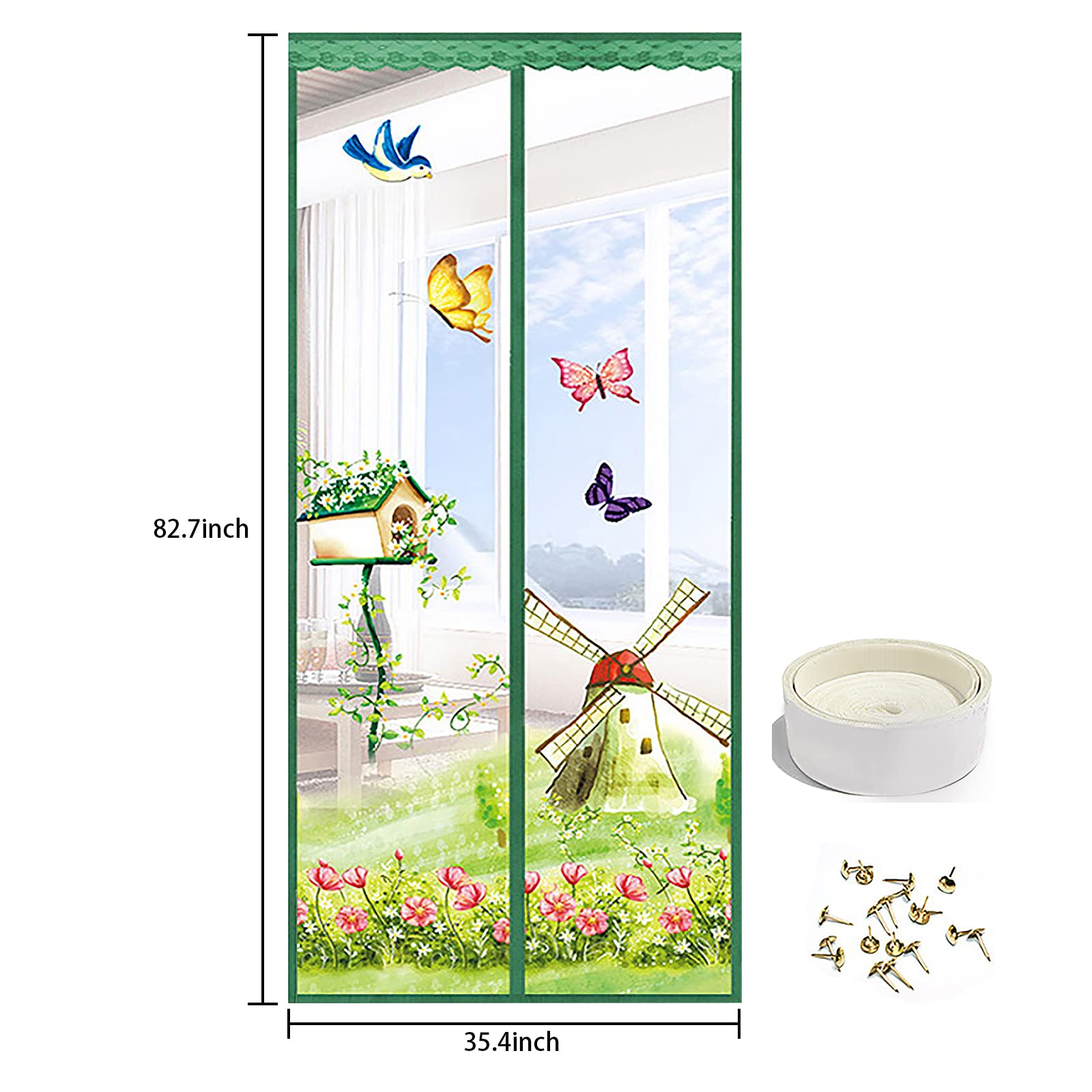 Magnetic Fly Screen Door Heavy Duty Windproof Anti Mosquito Mesh Curtain with Magic Tape No Punch Lace Decorative Embroidery Pattern Curtain Keeps Bugs & Insects Out (90x210CM - Image 2