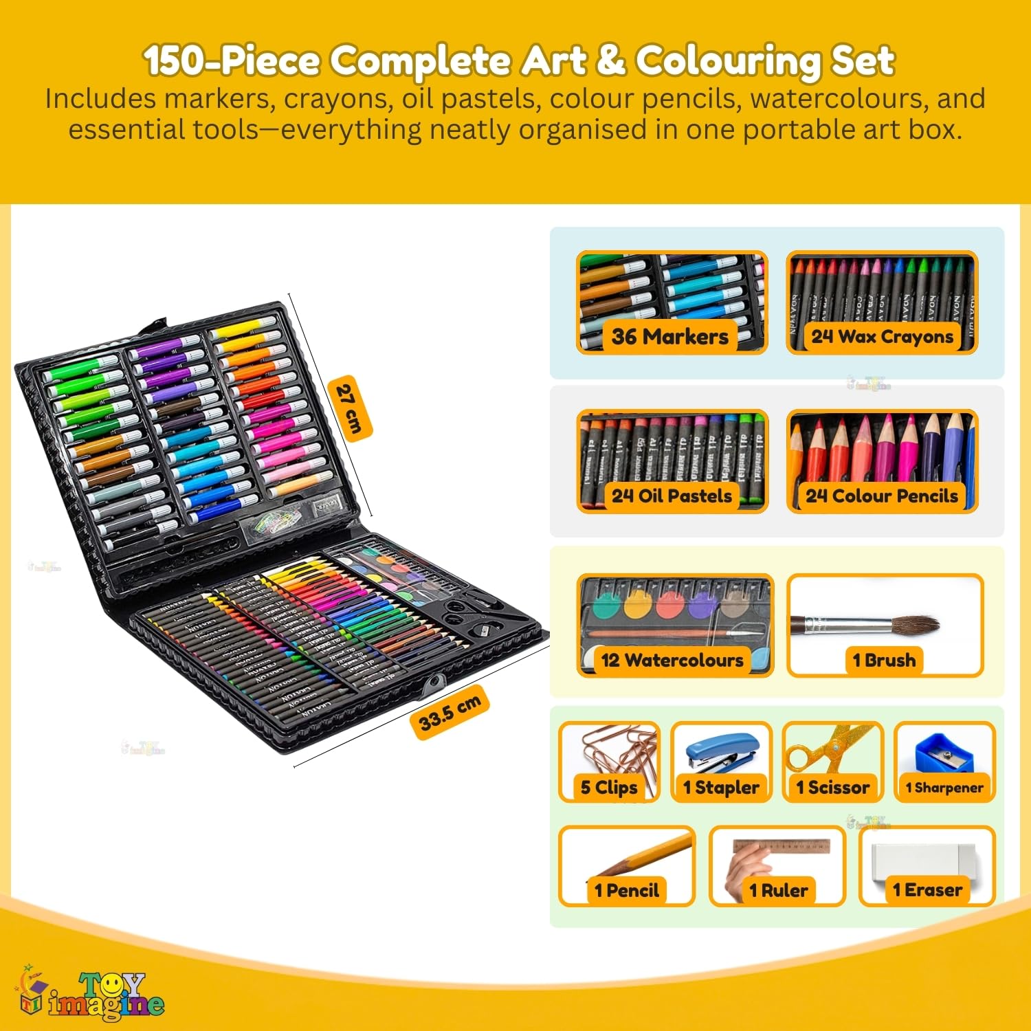 Toy Imagine 150 Pieces Colour Set Kit for Kids Art Set for Drawing Painting Stationery Kit with Crayons Markers Oil Pastels Water Colours & Carry Case Colour Set for Kids 6โ12 Art Craft Supplies Gift for Boys & Girls 1
