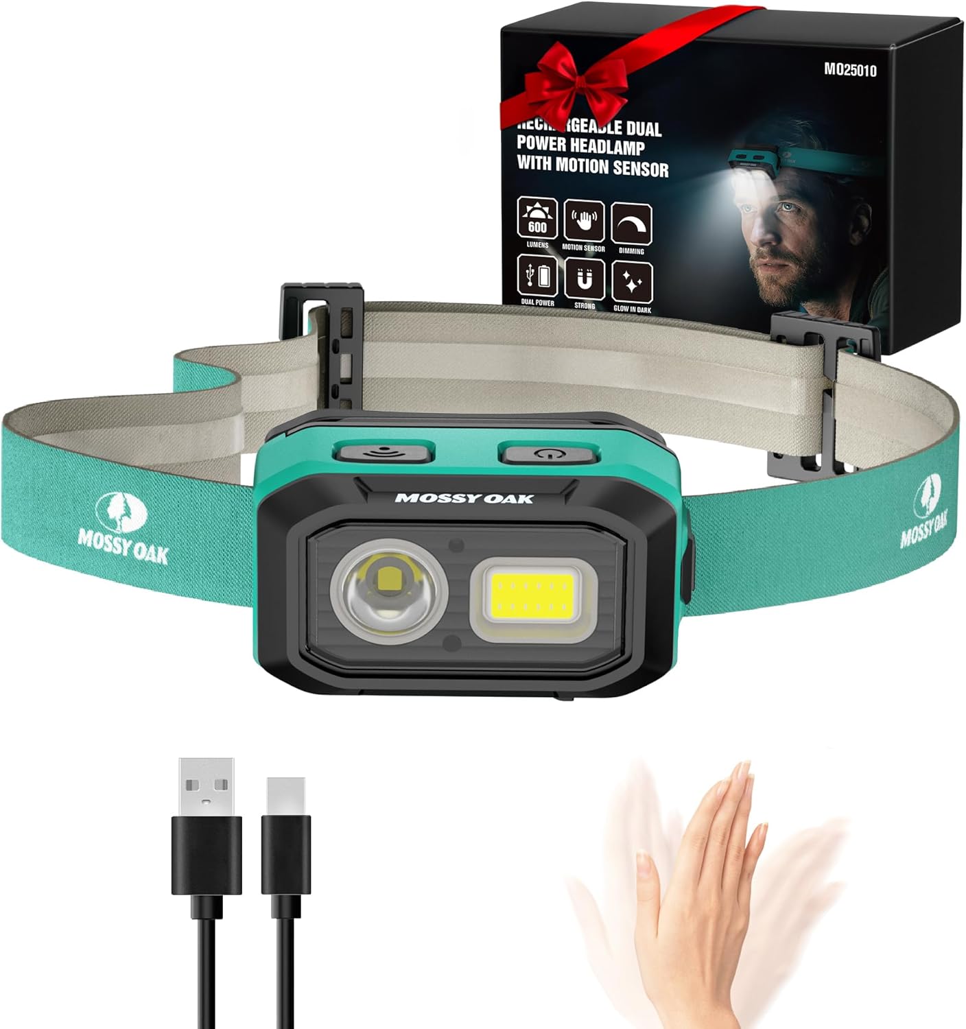 Mossy Oak 600 Lumens LED Headlamp, Dual Power Source, Motion Sensor Head Lamp with Magnetic Base, Stepless Dimming, Memory Mode for Camping, Running, Hiking, Valentine's Day