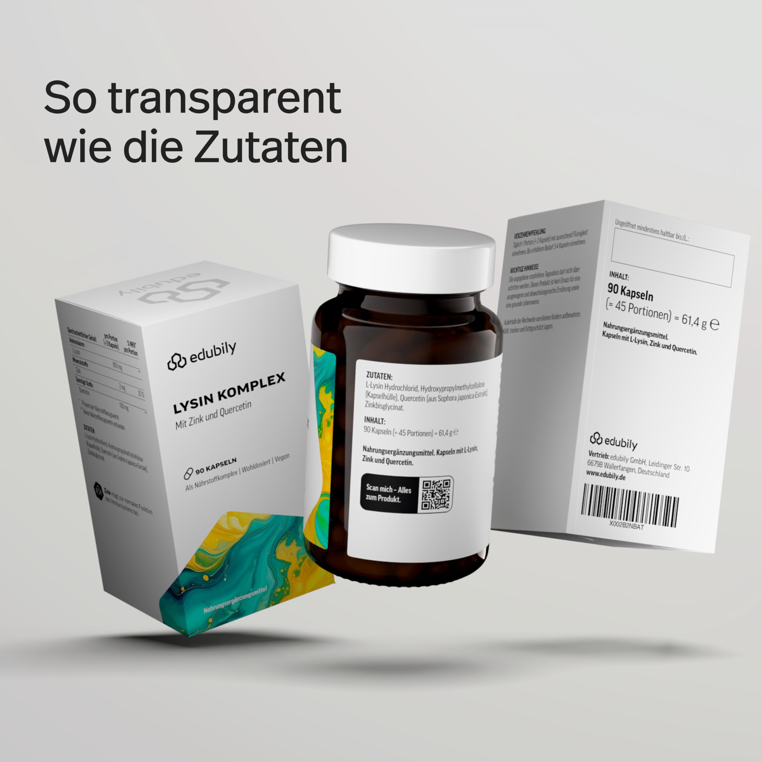 edubily® Lysin Komplex – 400 mg L-Lysin + 50 mg Quercetin + 1 mg Zink pro Kapsel – vegan, Made in Germany, ohne Zusatzstoffe – 90 Kapseln