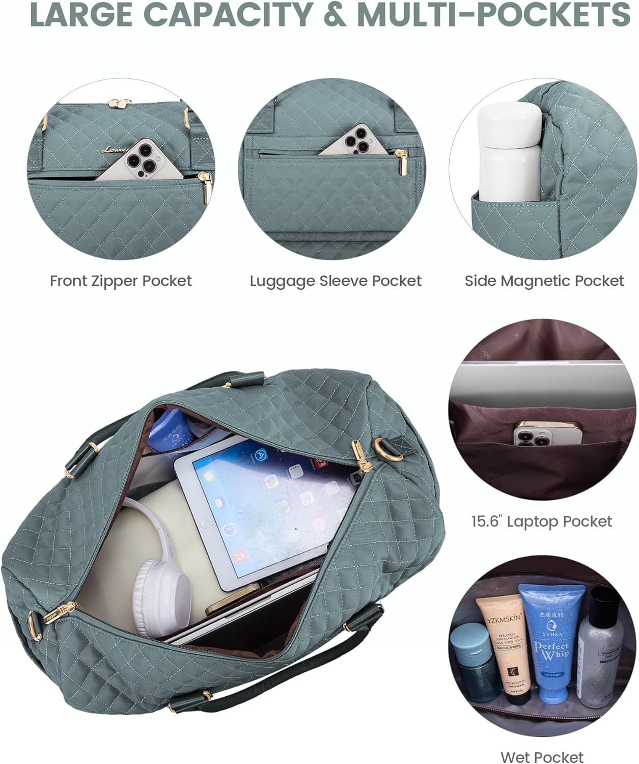 LOVEVOOK Travel Duffle Bag for Women, Weekender Overnight Bag with Shoe Compartment, Carry on Bag with Toiletry Bag, Gym Duffel Bag with Wet Pocket, Hospital Bags for Labor and Delivery 3 Pcs Set - Image 3