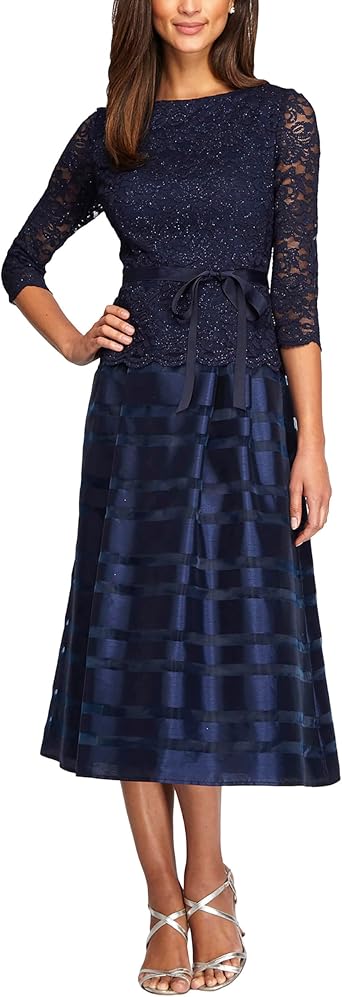 Alex Evenings Womens Tea-Length A-Line Dress with Tie Belt