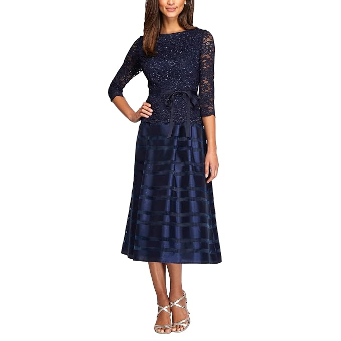 Buy Alex Evenings Women's Tea Length A-Line Dress with Tie Belt (Petite and  Regular Sizes), Navy, 8P at Amazon.in