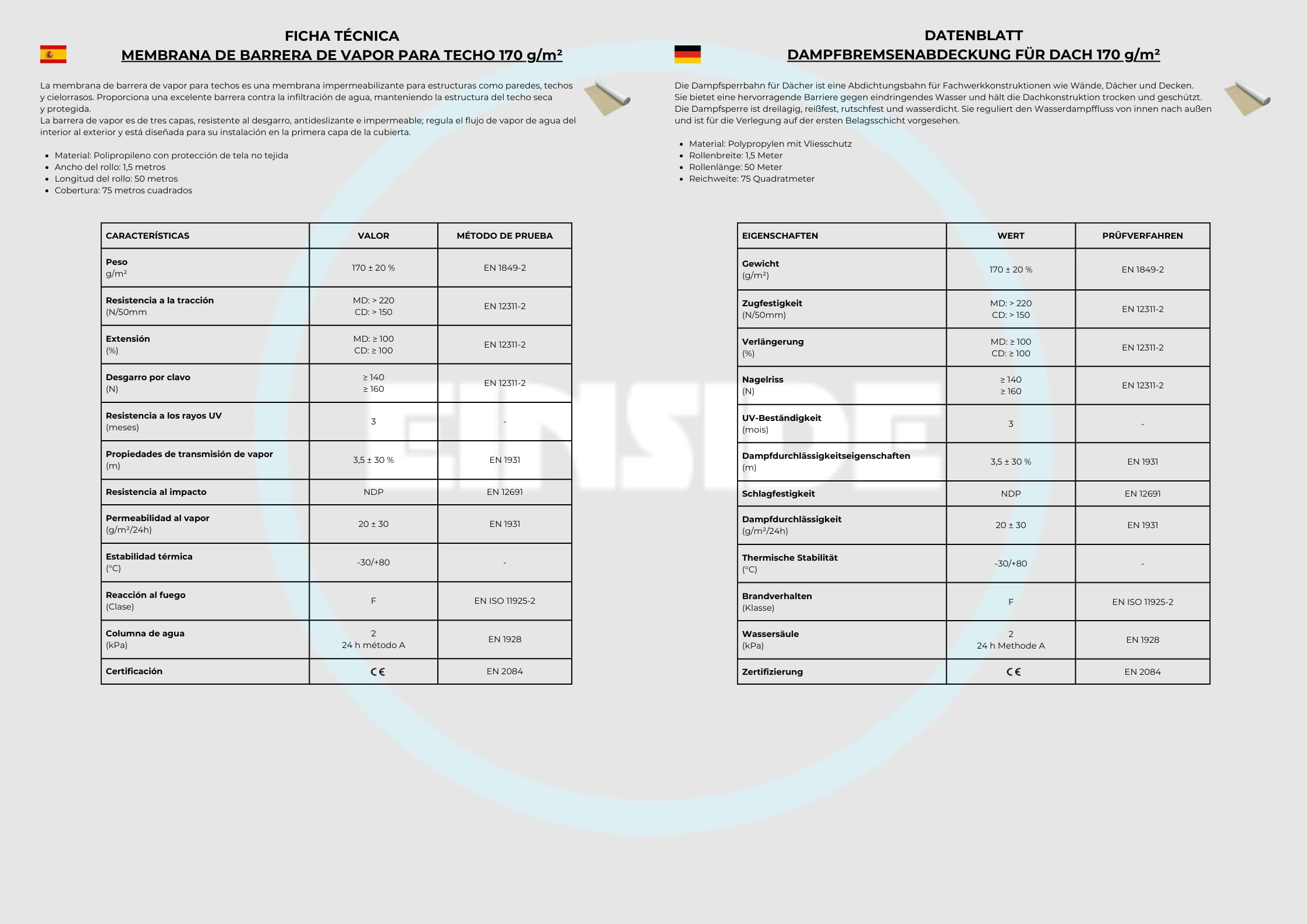 EINSIDE Telo membrana freno a vapore impermeabile tetto 170 g/m², 1,5x50 m | Copertura: 75 m², SD = 3/12 m, CLASS W1