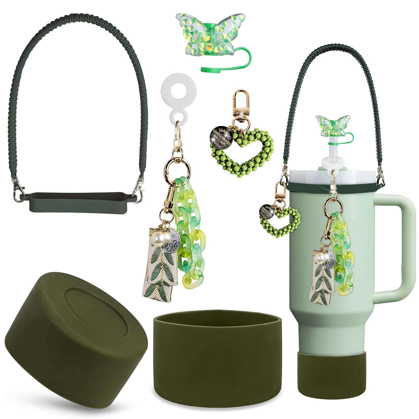 VirgoCCY Stanley Cup Accessories Set 30&40 Oz, Includes 0.4in Straw Covers, Water Bottle Handle Strap, Cute Stanley Charms and Silicone Boot.