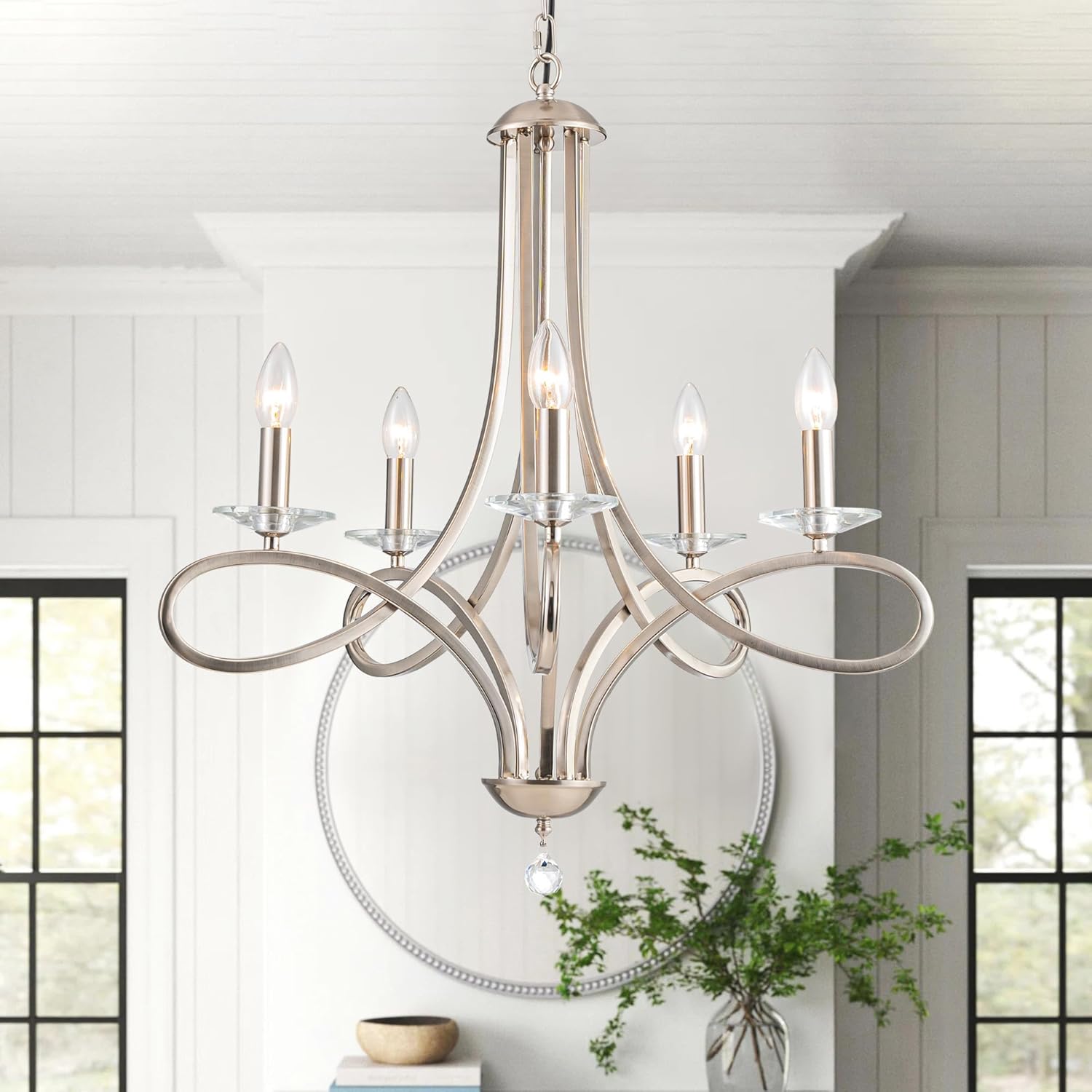 Modern Brushed Nickel Finish Chandeliers, 5-Lights Farmhouse Candle Scroll Arms Dining Room Light Fixture Industrial Ceiling Hang Light Fixture