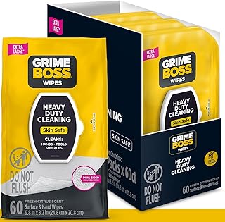 Grime Boss Heavy Duty Surface and Hand Wipes (4x60ct) | Wet Wipes Remove Paint, Oil, Grease, Adhesives, Mud, Dirt | Shop Wipes Replace Cleaners like Rags, Towels, Pumice, Soap