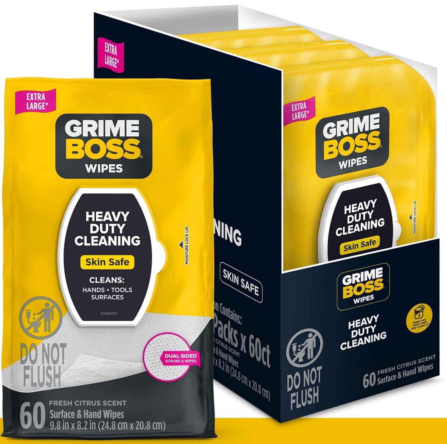 Grime Boss Heavy Duty Surface and Hand Wipes 4x60ct Wet Wipes Remove Paint Oil Grease Adhesives Mud Dirt