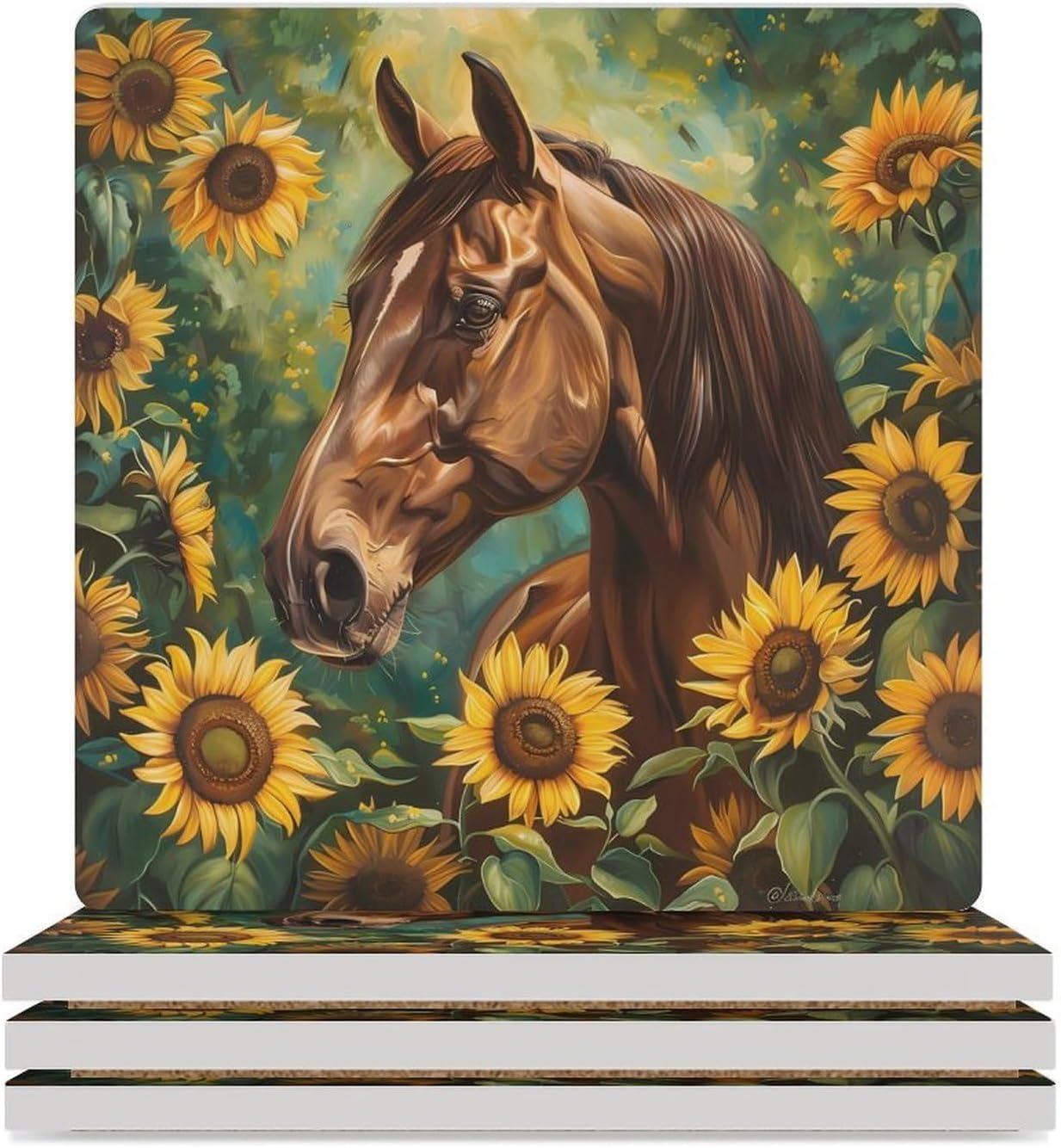 Horses with Sunflowers Coaster for Drinks Square Ceramic Table Coasters Stone Mat Crafts 4PCS Home Kitchen Decor