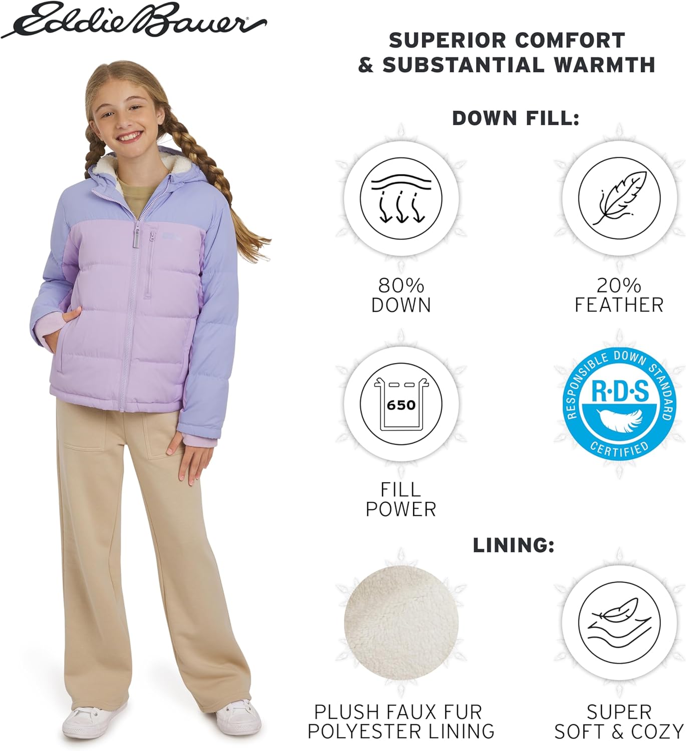 Eddie Bauer Girls' Classic Heavyweight Faux Fur Lined Hooded Insulated Down Jacket, Baby Lavender, Medium - Image 3