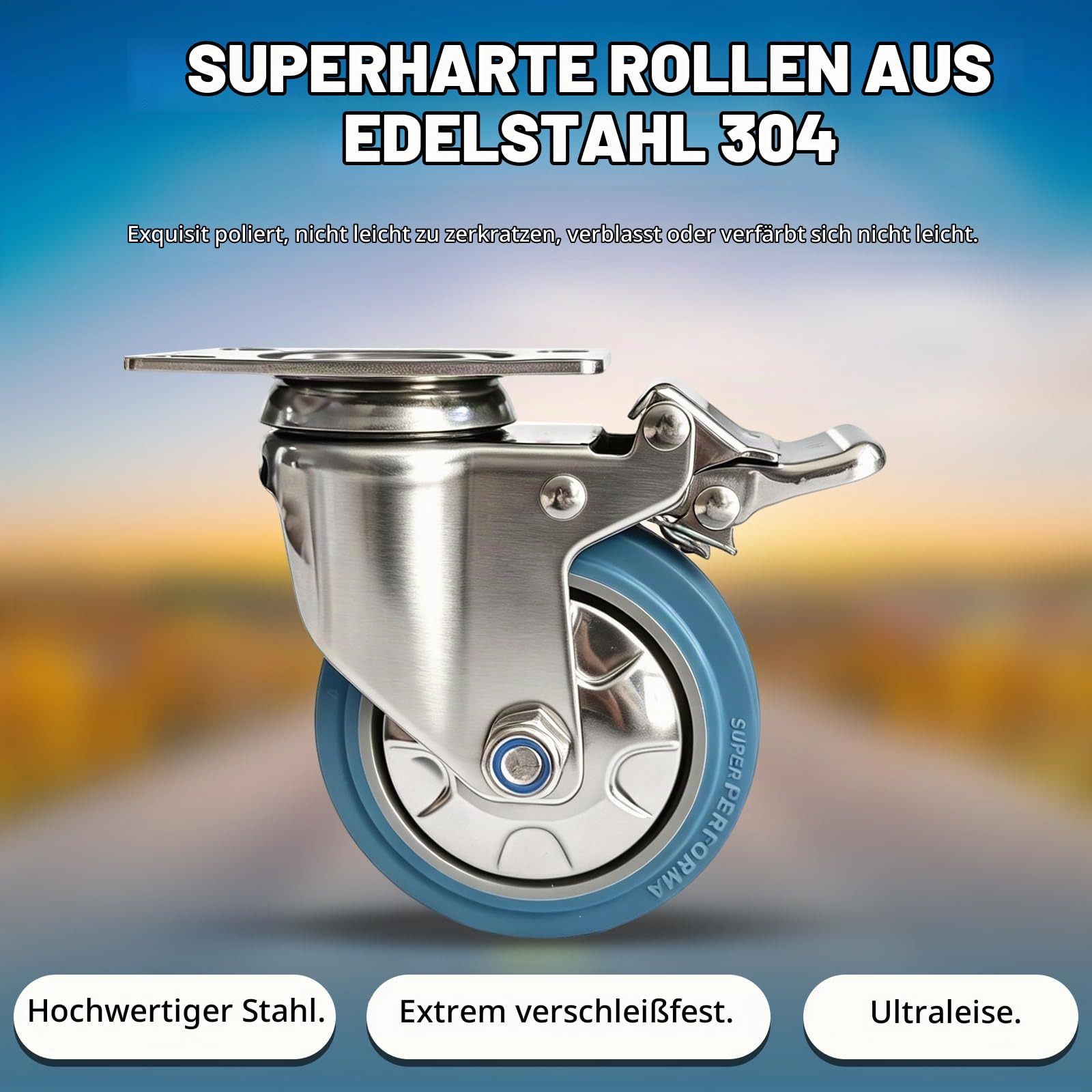 4 Stück Edelstahl 304 Schwerlastrollen Mit Bremse 100mm 4 Zoll Bis 800 kg Korrosionsbeständige Industrierollen Blau Lenkrollen Transportrollen Möbelrollen Leise Rollen Mit 2 Schraubenarten