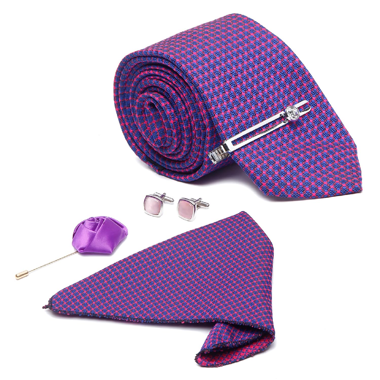 Mens Silk Necktie Gift Combo Set With Pocket Square Cufflinks Brooch Tie (Suit Accessories) (Czech)-image-2