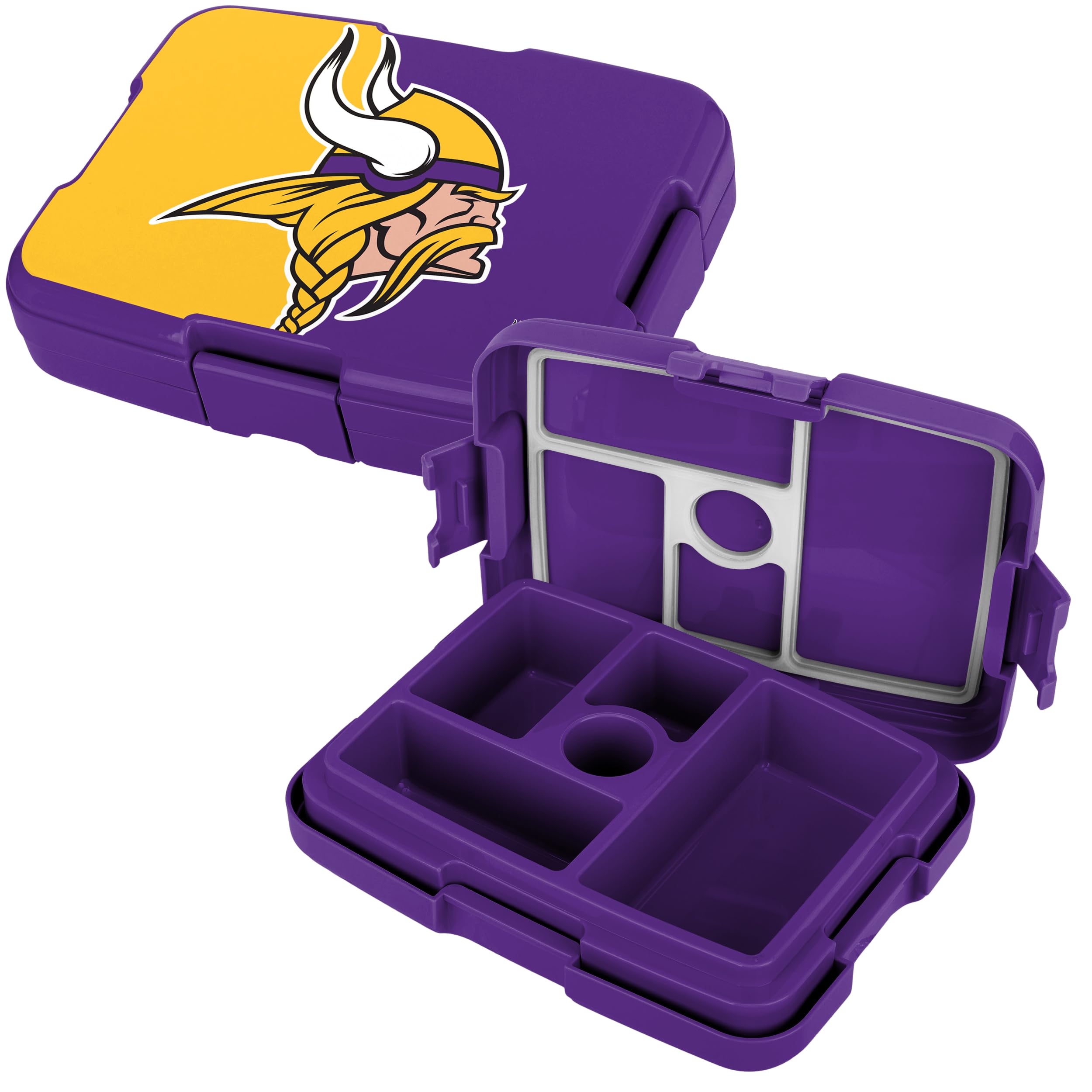 FOCO NFL Bento-Lunchbox für Erwachsene, offizielles Lizenzprodukt, zweifarbig, großes Logo, Fußball-Optik, auslaufsicher, 5 Fächer, Minnesota Vikings