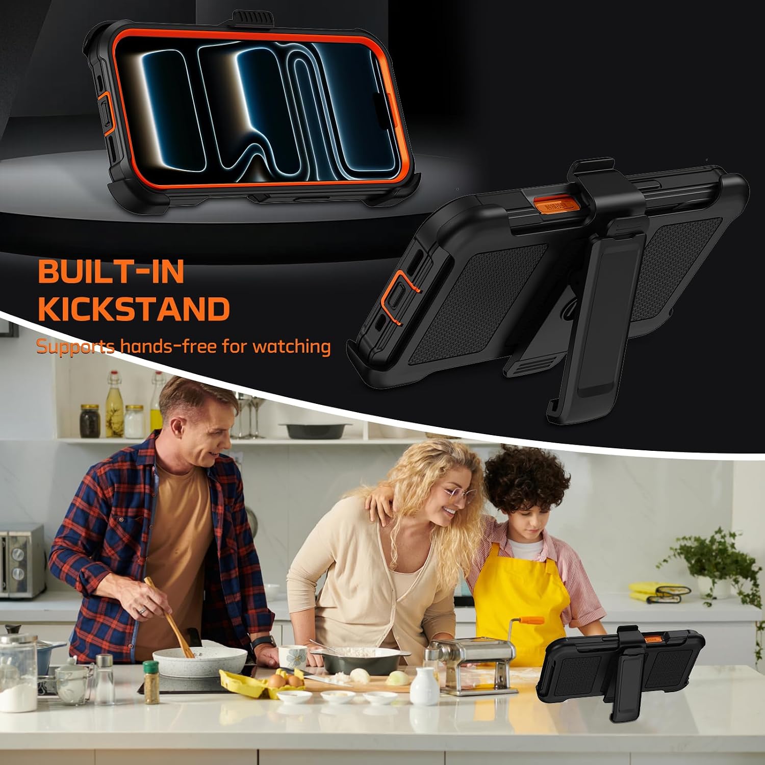 for iPhone 17 Pro Max Case with Belt Clip Holster,Anti-Drop Shockproof Bumper Phone Cases w/2x Screen Protectors & Kickstand,Rugged Heavy Duty Military Grade Protective Defender Cover (Black Orange)