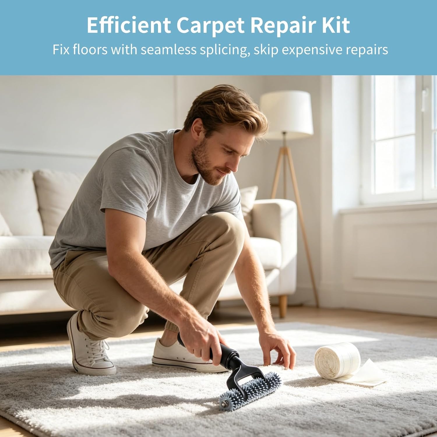 Carpet Repair Kit, 5.7 Inch 15 Star Wheel Seam Roller with 30.2 ft Double-Sided Joining Tape, Heatless Carpet Patching Tools for DIY Home and Office Floor Maintenance