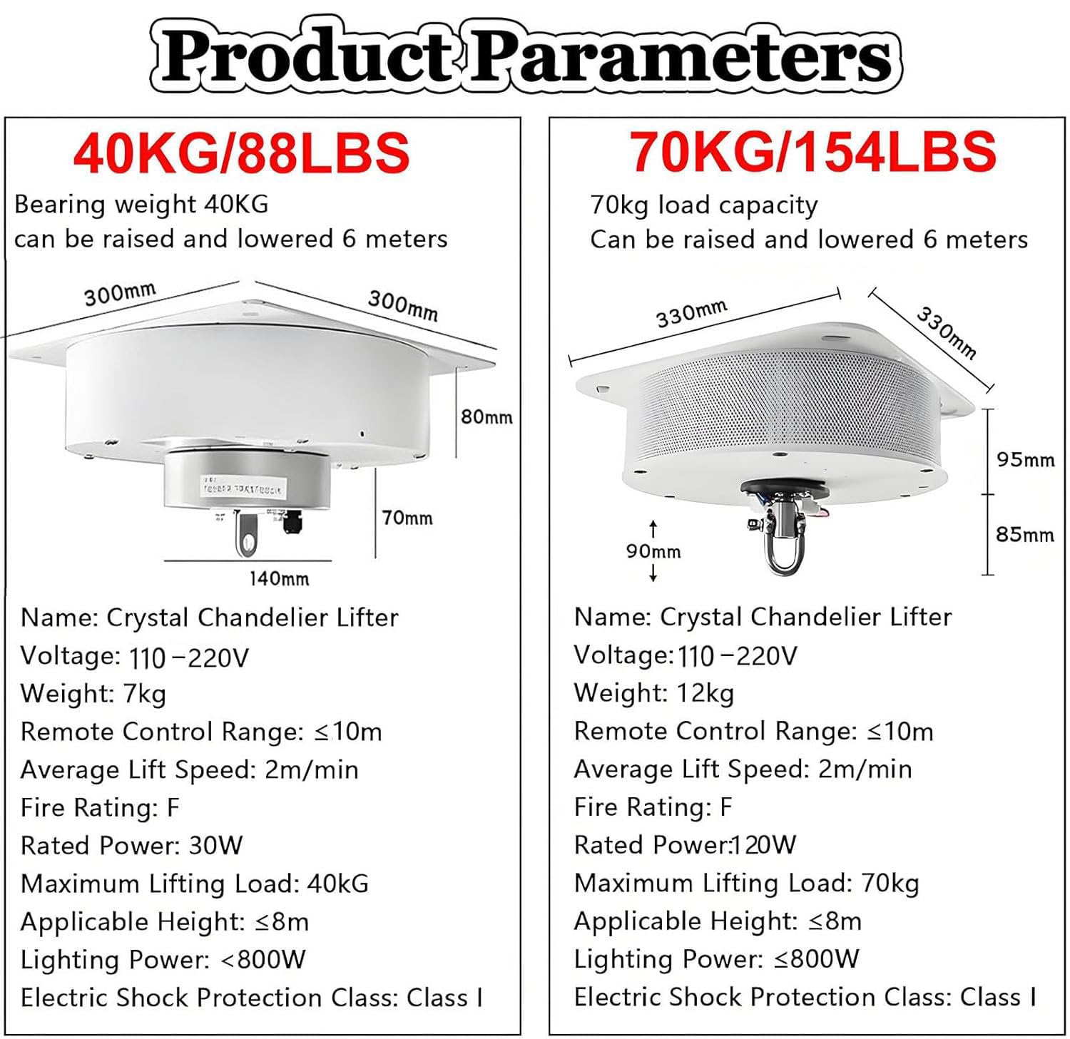 Elektrische Hebezeuge, 40 kg (88 lbs)/70 kg (154 lbs) Hub Kronleuchterheber Motorisierter Villen Schwerlast-Pendelleuchtenheber Elektrischer Kronleuchterheber mit Fernbedienung 70kg(154Lbs)