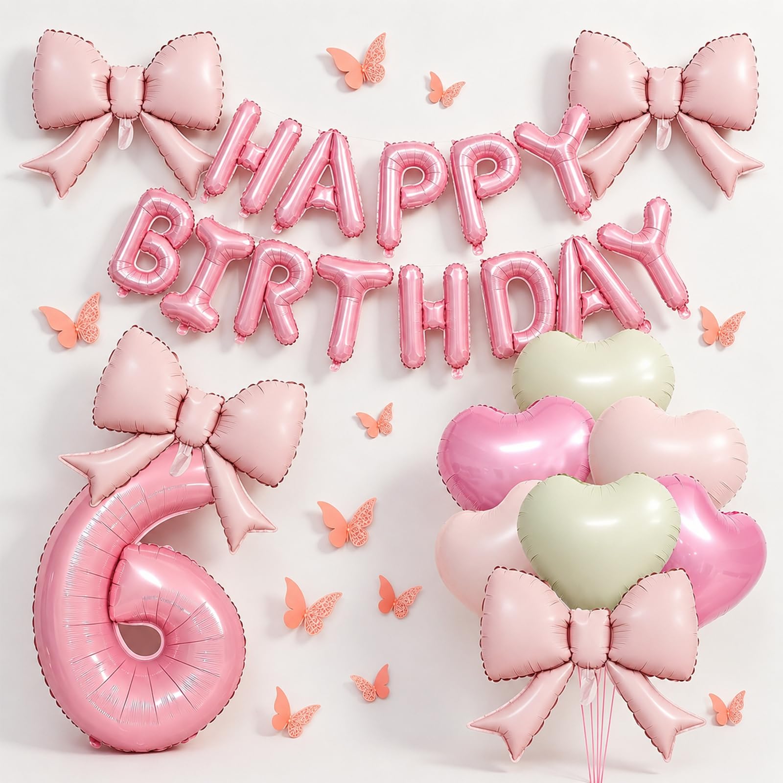 Pink 6th Birthday Decorations for Girls - Pink Balloon Set with Large Foil Number 6 & Bow Heart Foil Balloons, 3D Butterfly Stickers, Happy Birthday Letter Balloons Banner, Pink Bow Party Supplies