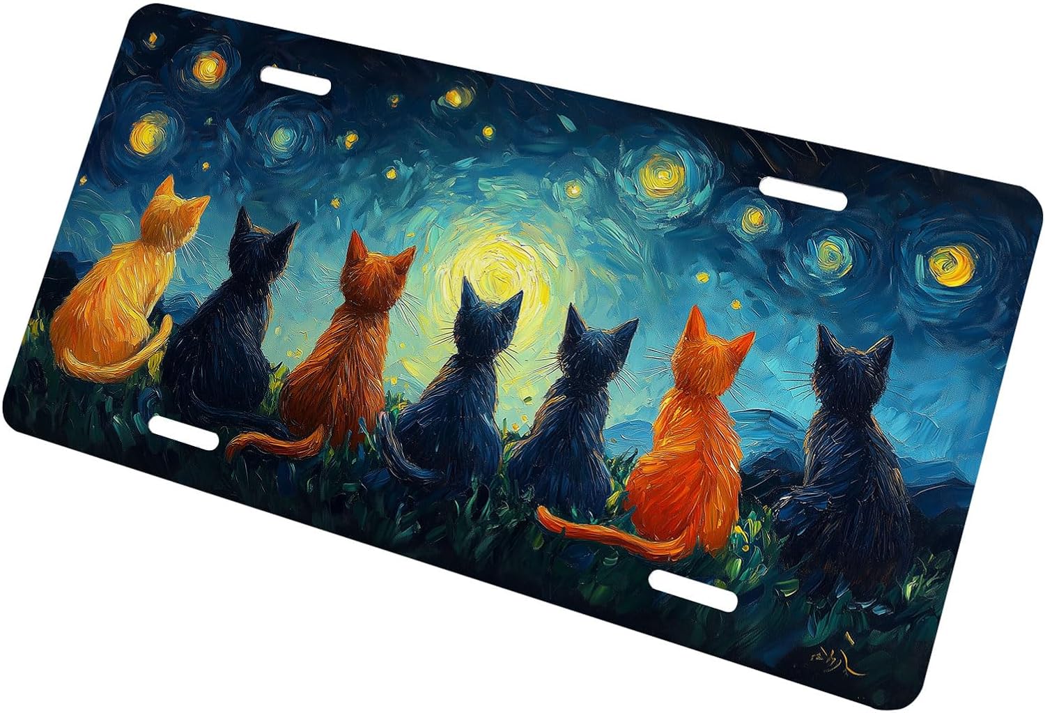 Cat Front License Plate for Women Starry Night Sky Oil Painting Car Vanity Plates Decorative Aluminum Metal Cute Novelty License Plate 6x12 Inch (4 Holes) image 3