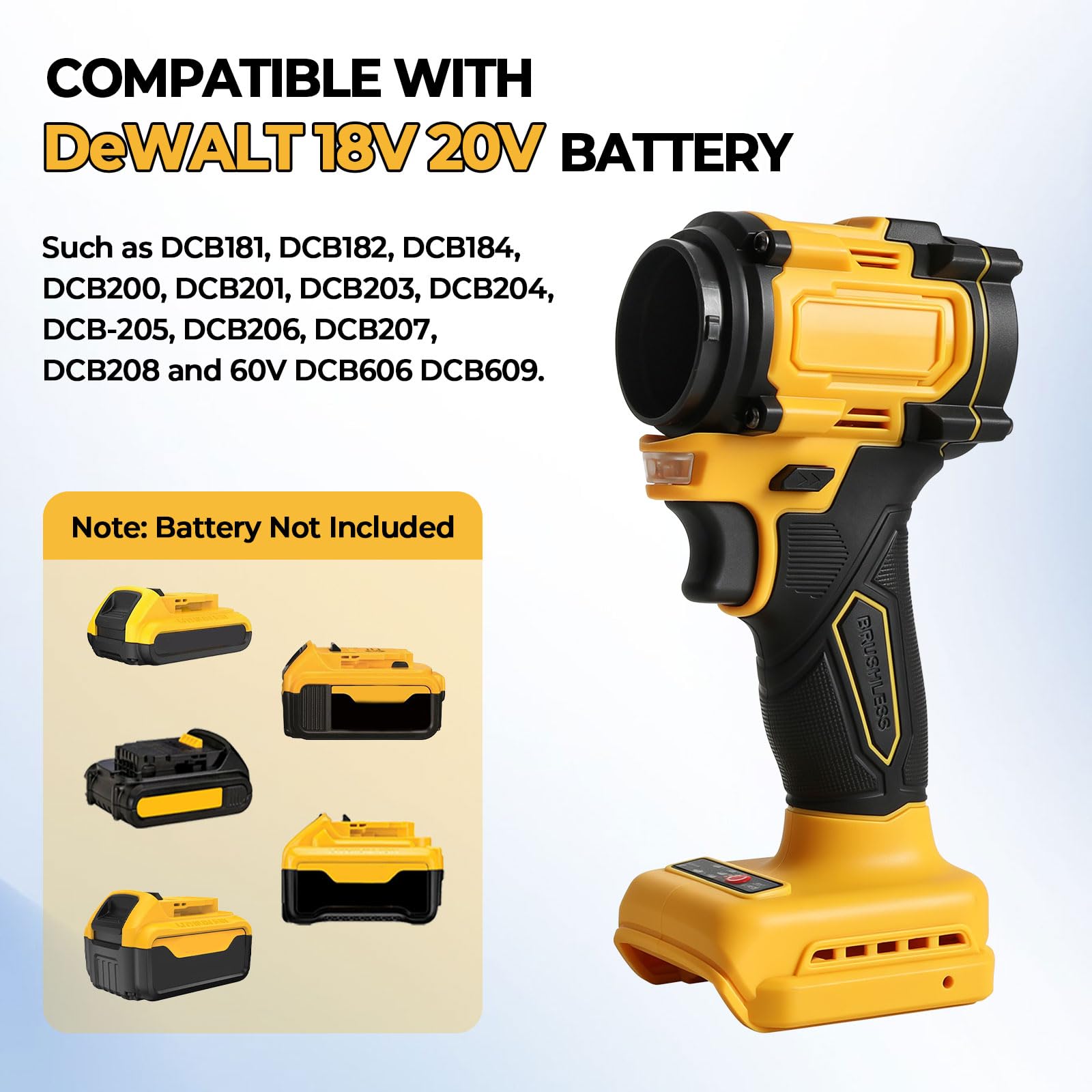 Soffiatore e aspiratore per foglie senza fili compatibile con batterie DEWALT da 18V e 20V, soffiatore d'aria 2 in 1 da 20 kPa e aspiratore da 8 kPa, 20000 giri/min con 3 ugelli e luce LED