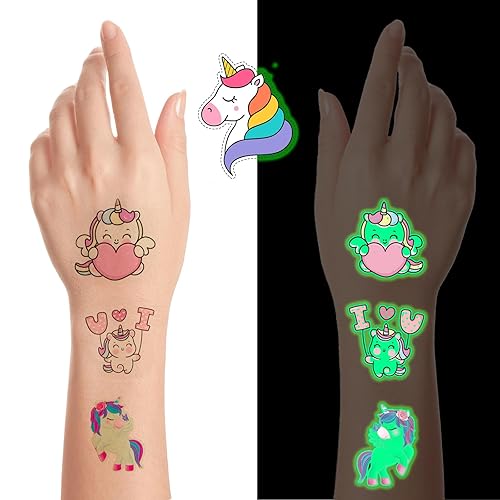 Recuerdos de fiesta de cumpleaños de unicornio – 51 tatuajes temporales que envuelven individualmente el brillo en la oscuridad | Surtido de