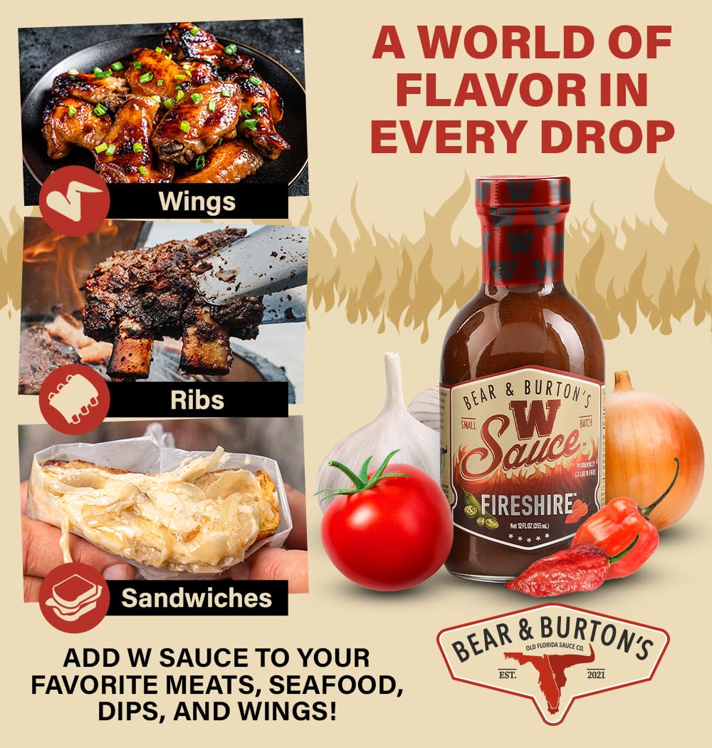 Bear & Burton's W Sauce + Fireshire, Two Pack Fireshire and Original W Sauce, 12 Fl oz Bear and Burtons W Sauce + Fireshire, Two Pack Fireshire and Original W Sauce | Distinctive Spicy Worcestershire Sauce Blend | Perfect for Steaks, Dressings & Marinades | 12 Oz