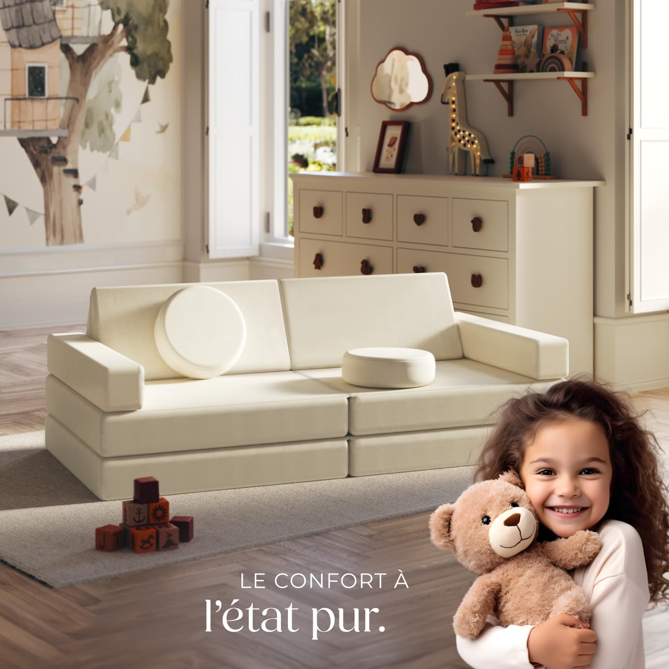 tectake® Canapé convertible 2 places modulable Canapé enfant en Mousse & Lin Fauteuil enfant Canapé lit Matelas de sol enfant Lit pliant Matelas pliable pour Chambre enfant Jeu de construction Lecture