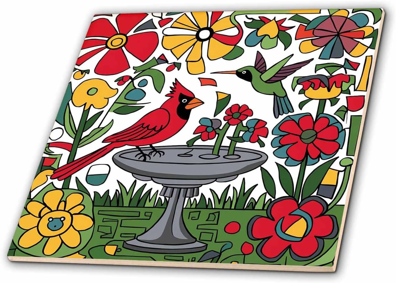 3dRose Cute Funny Cool Colorful Cardinal Red Bird in the Garden Abstract Art 12 Inch Ceramic Tile