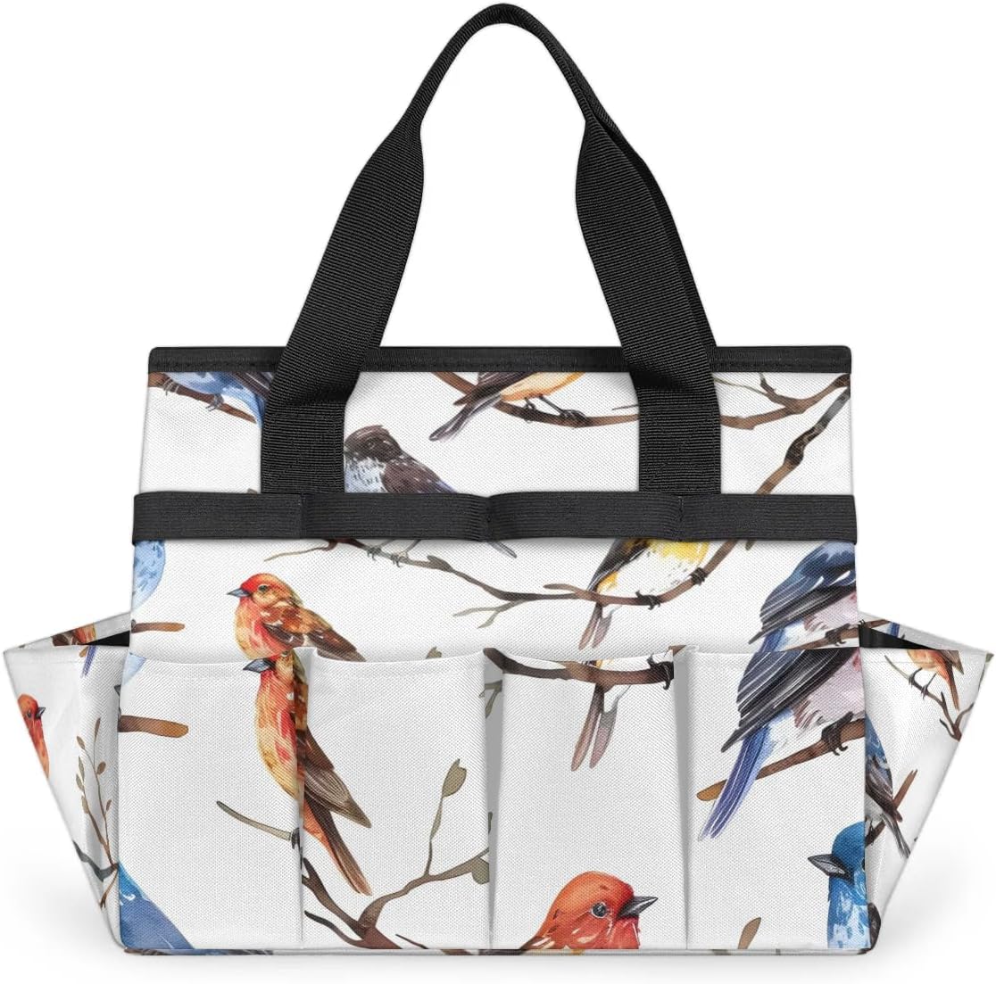 Watercolor Bird Garden Tool Bag, Garden Tote Storage Bag with 10 Pockets, Indoor and Outdoor Colorful Bird Gardening Tool Organizer for Women Men