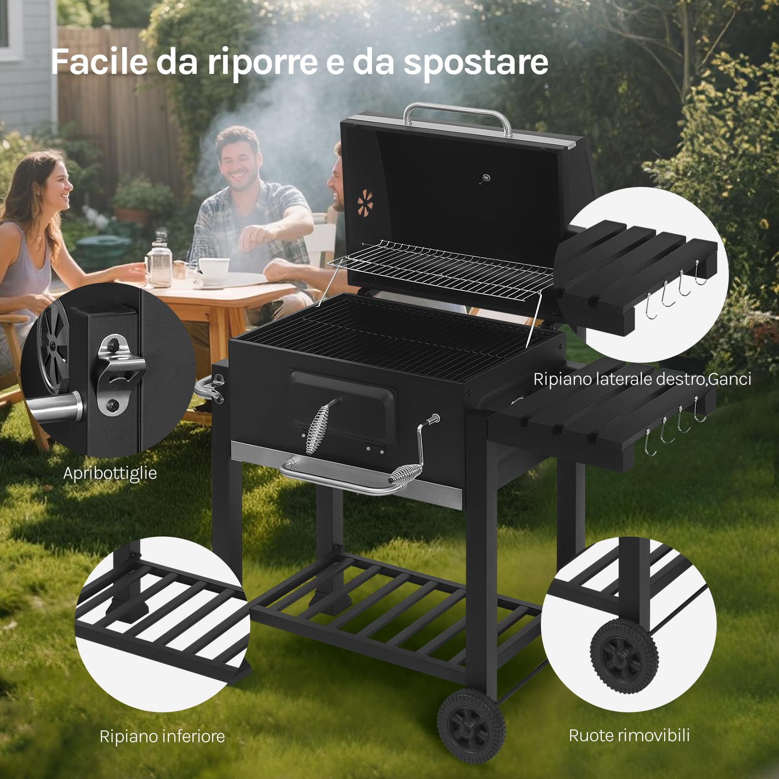WOLTU Barbecue Portatile a Carbonella, Griglia a Carbone, Coperchio e Termometro, con Ruote e Ripiani, Carrello per Barbecue da Campeggio, Picnic e all'Aperto, 117x71x107cm, Nero