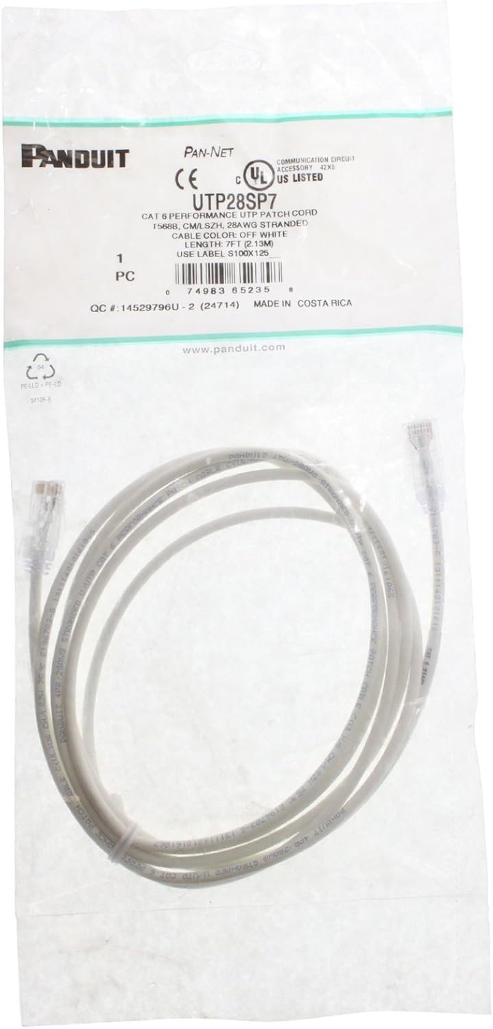 Panduit UTP28SP7 Patch Cord, Cat6, UTP, RJ45, Sol Copper, White, 7-Feet