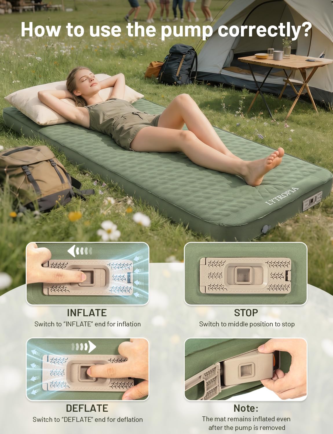 Materasso ad aria, materassino autogonfiante con pompa elettrica | 200 × 76 × 10 cm, 3,2 kg, valore R 9,5, materiale TPU, schiuma 20D, max 300 kg, per campeggio, spiaggia, esterni, tenda, auto