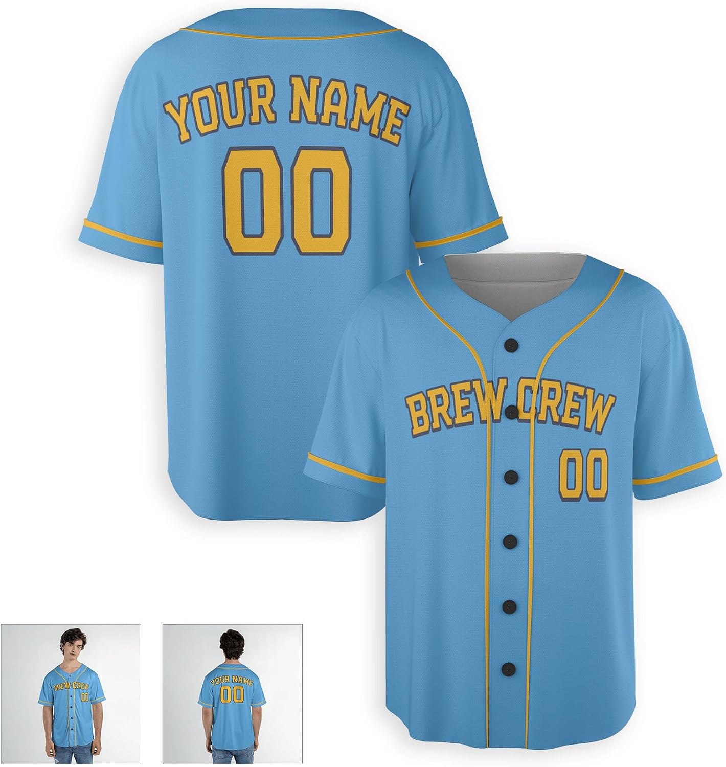 Custom Baseball Jersey with Brew Crew Printing for Men, Women, Youth, Toddlers & Infants - Add Your Name & Number - Piping & No Piping Options Sky Blue