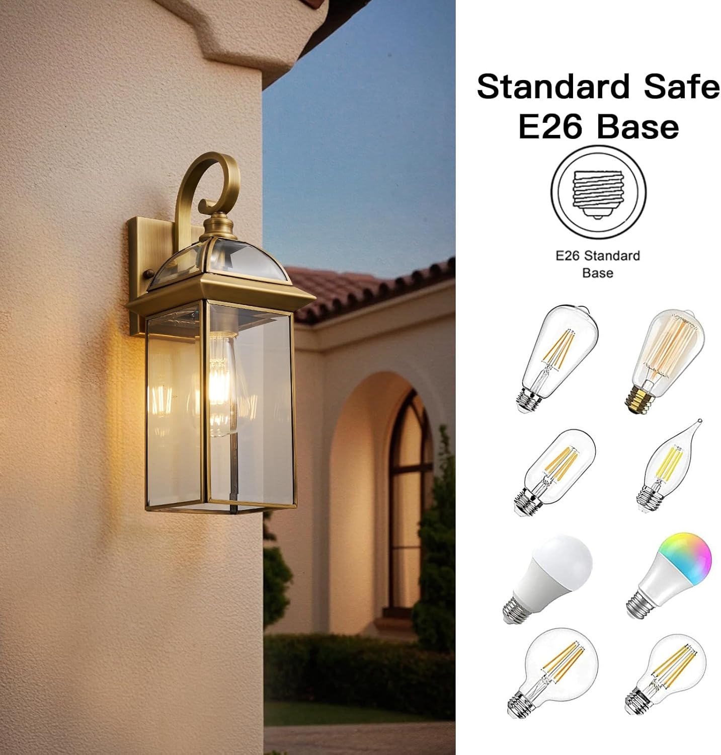Brass Rustproof Outdoor Wall Sconces 2-Pack - All-Weather Waterproof Porch Lanterns with E26 Socket, Front Door Exterior Lights for Yard Entryway