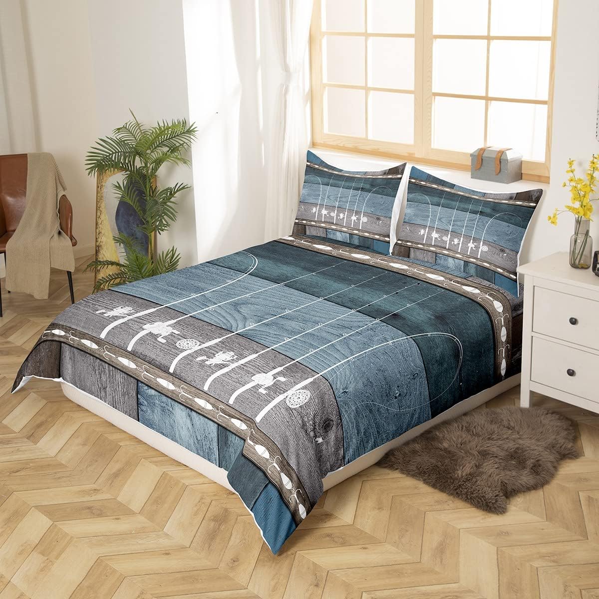 Fishing Comforter Cover Queen Fishing Pole Duvet Cover Fishing Gifts for Men,Vintage Patchwork Wood Bedding Set Go Fish Quilt Cover,Angle Hook Fishing Accessories Rustic Home Decor,Grey Blue