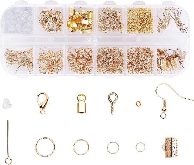 Jewelry Making Supplies Kit, Jewelry Findings Starter Kit, Jewelry Repair Accessories with Open Jump Ring Lobster Clasp for DIY Jewelry Making and Repair Necklace, Bracelet, Earrings (Gold)