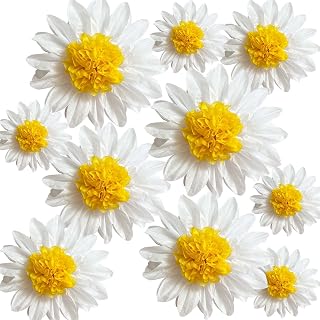 ANSOMO Daisy Tissue Paper Pom Poms - White Yellow Flower Wall Hanging Decor for 1st Birthday, Baby Shower, Wedding, 12" & 8" Pack of 10