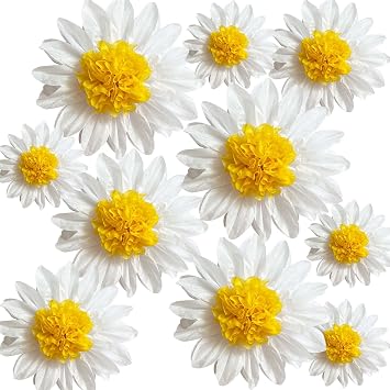 ANSOMO Daisy Tissue Paper Pom Poms Party Decorations White Yellow Flowers Wall Hanging 1st Birthday Bridal Baby Shower Wedding Classroom Decor 12" 8" Pack of 10