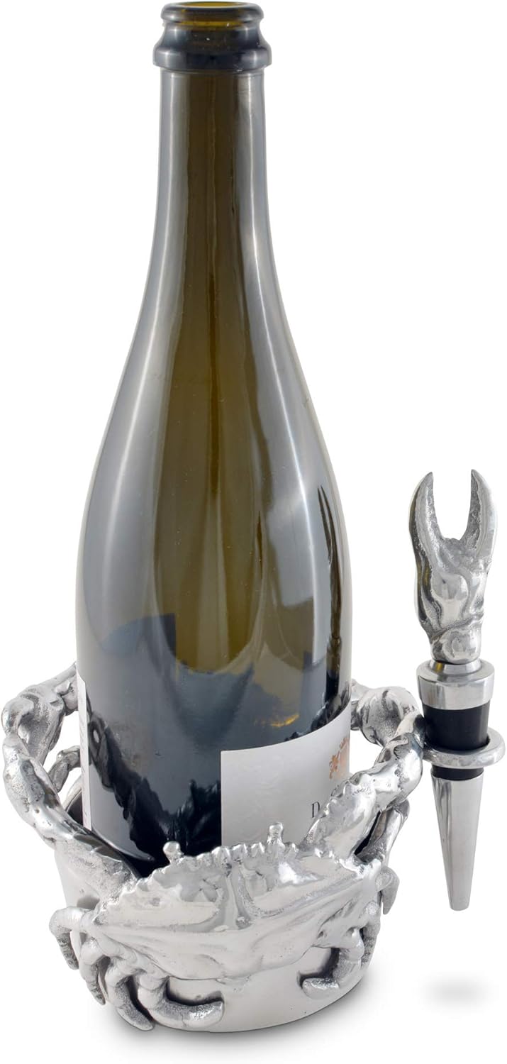 Arthur Court Crab Metal Aluminum Wine Holder/Coaster and Bottle Stopper Set 5 inch Diameter