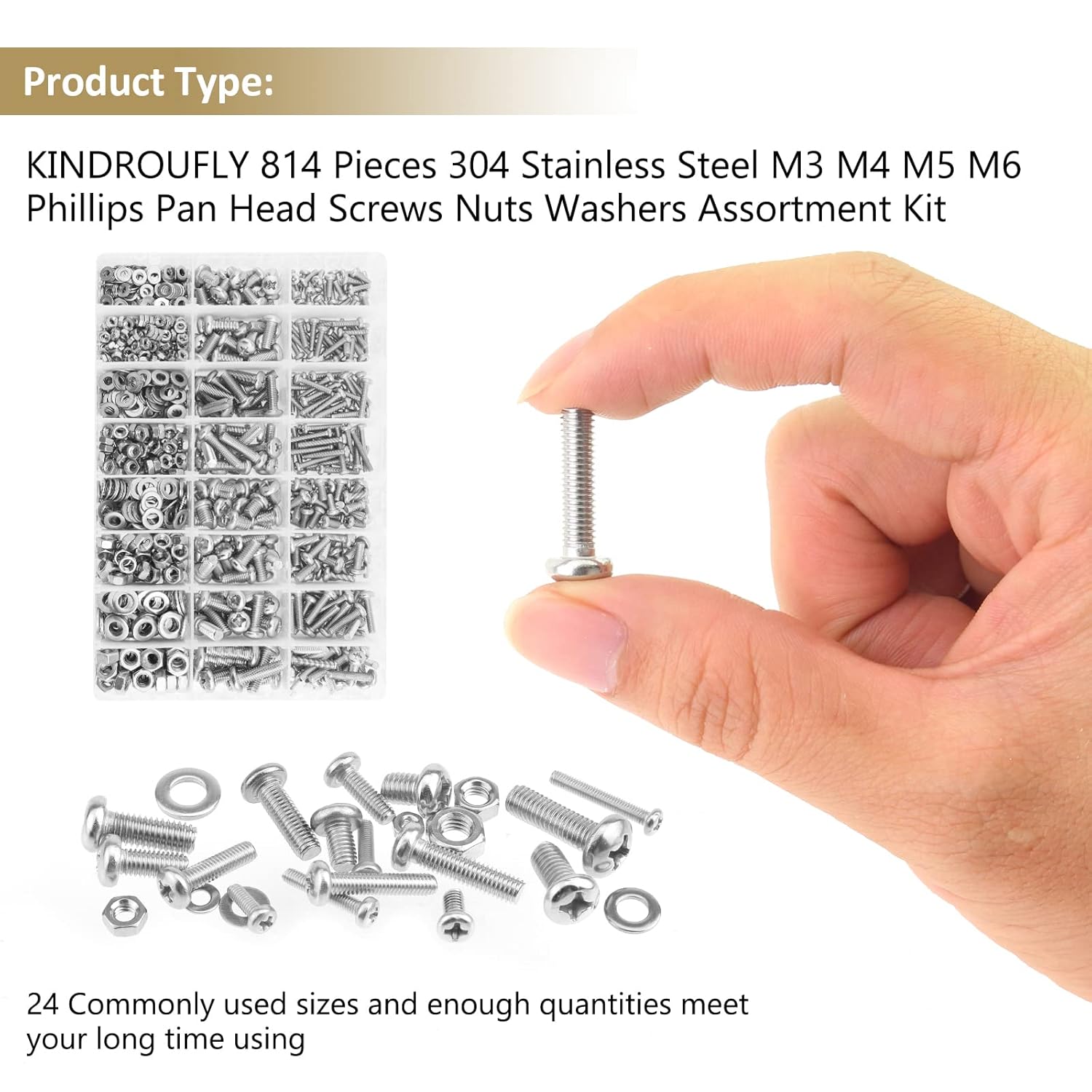 814 Pieces Phillips Pan Head Machine Screws Nuts Washers Kit, Kindroufly M3 M4 M5 M6 Screw Assortment Kit, Metric Screw Set, Bolts and Nuts, Machine Screws, 304 Stainless Steel, Fully Machine Thread